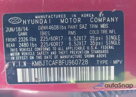 2015 Hyundai Tucson Gls из США, поврежденный, VIN KM8JTCAF8FU960728